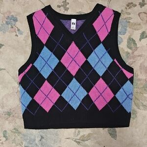Argyle Knit Sweater Vest - Black, Pink, and Blue